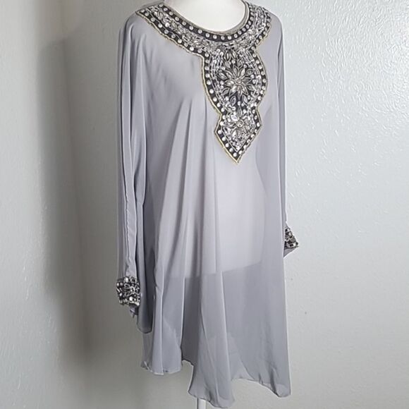 Sheer Gray Kimono with Black Rhinestone Accents on Neckline, Chest & Cuffs, OS - Picture 2 of 8